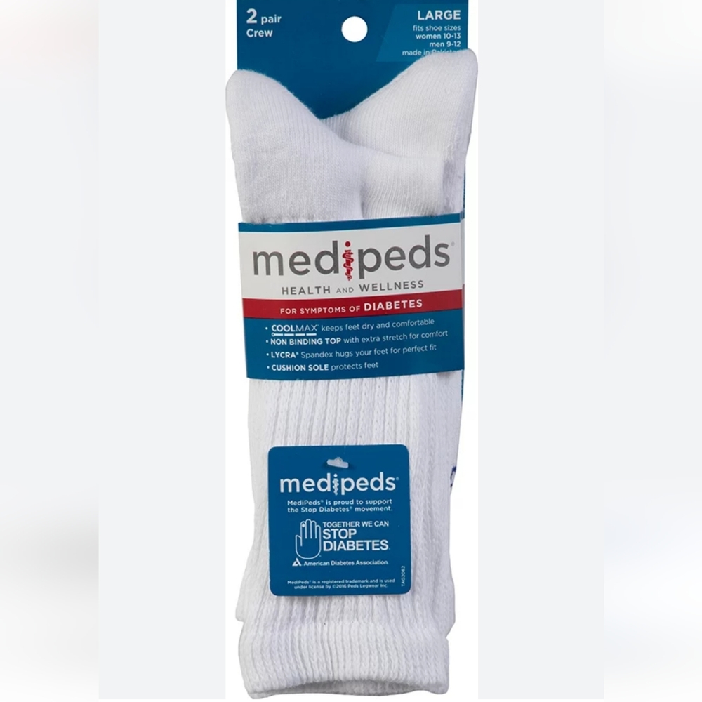 MediPeds Diabetic Crew Socks X-Large White 2 pairs